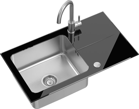 Picture of Zlewozmywak Steiner HUGH 111 komora stalowa z czarnym blatem szklanym z syfonem i zalepk (770x440/R35) + KATE SteelQ stalowa bateria kuchenna stal szczotkowana