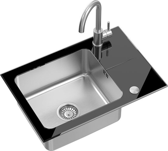 Picture of Zlewozmywak Steiner HUGH 116 komora stalowa z czarnym blatem szklanym z syfonem i zalepk (640x440/R35) + KATE SteelQ stalowa bateria kuchenna stal szczotkowana