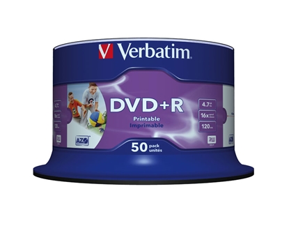 Изображение 1x50 Verbatim DVD+R 4,7GB 16x Speed, wide printable NON-ID