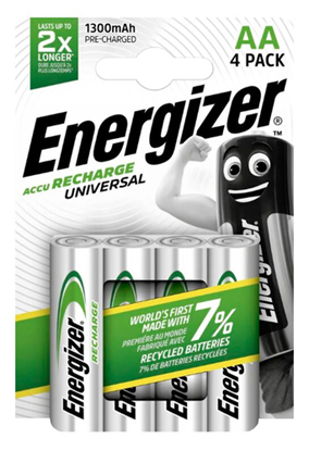 Attēls no AA akumulatori 1.2V Energizer Recharge sērija Ni-MH HR6 1300 mAh iepakojumā 4 gb.