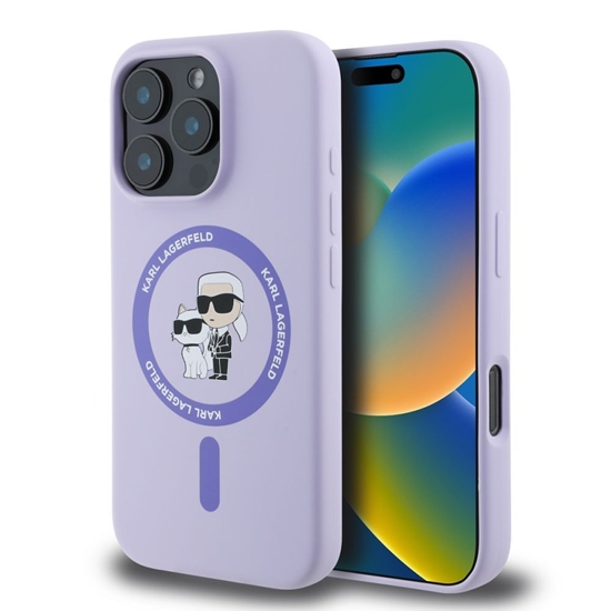Picture of Apple - Karl Lagerfeld Liquid Silicone Karl and Choupette MagSafe Case for iPhone 16 Pro Purple