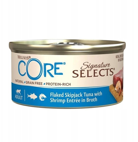 Изображение Core Signature Selects Flaked Tuna, karma mokra, dla dorosych kotw, tuczyk i krewetki, 79g, puszka