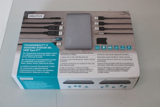 Picture of Digitus SALE OUT. Universal Docking Station, USB 3.0, 7-Port, Travel 2x Video, 3x USB 3.0, 1x USB-C, RJ45, Audio | | Thunderbolt 3 Dockingstation 8K, USB Type-C | Ethernet LAN | Warranty 24 month(s) | DAMAGED PACKAGING, UNPACKED, USED