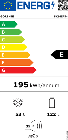 Picture of Gorenje | Refrigerator | RK14EPS4 | Energy efficiency class E | Free standing | Combi | Height 143 cm | Fridge net capacity 122 L | Freezer net capacity 53 L | 39 dB | Silver