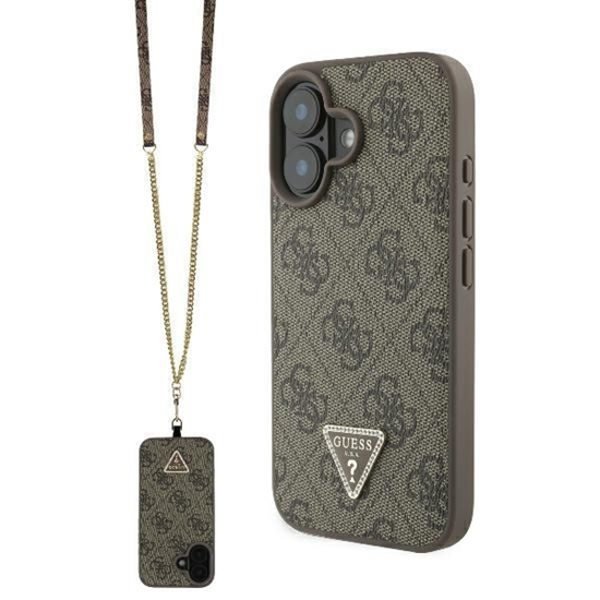 Picture of Guess PU 4G Strass Triangle Metal Logo Case + Crossbody Strap for iPhone 16 / Brown