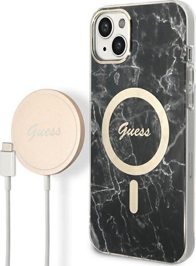 Изображение Guess Guess zestaw adowarka MagSafe + etui do iPhone 14 Plus 6,7" czarne Marble (GUBPP14MHMEACSK)