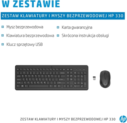 Изображение HP HP 330, Zestaw klawiatur z mysz optyczn bezprzewodow, AA, SK, ergonomiczna, nano odbiornik USB rodzaj 2.4 [GHz], bezprzewodo