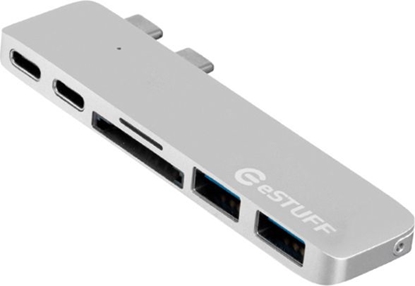 Attēls no HUB USB eStuff 1x SD 1x microSD 2x USB-C  + 2x USB-A  (ES84122-SILVER)