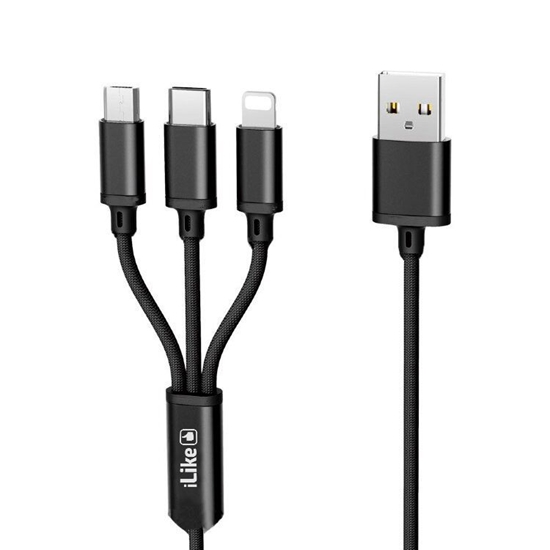 Picture of iLike Charging Cable 3 in 1, USB, Type C, Lightning, CCI02 Black