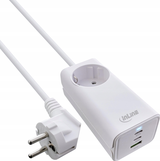 Picture of InLine InLine® USB power supply, 65W charger, 2x USB-C + 1x USB-A, with safety socket and 1.5m cable, PD3.0 PPS GaN, white
