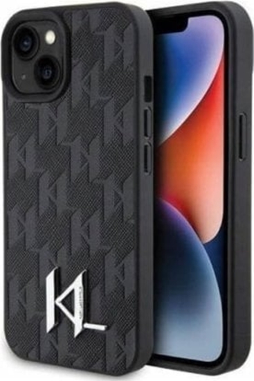Picture of Karl Lagerfeld WYP Oryginalne Etui APPLE IPHONE 15 Karl Lagerfeld Hardcase Leather Monogram Hot Stamp Metal Logo (KLHCP15SPKLPKLK) czarne