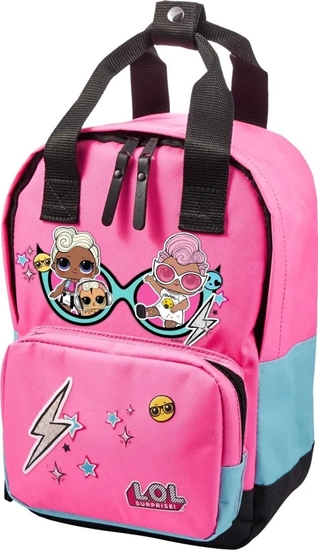 Picture of LEGO L.O.L. Surprise! Together 4Eva Small Backpack with pink pom-pom attached to zipper puller