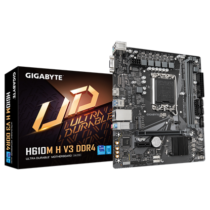 Attēls no Mainboard|GIGABYTE|Intel H610|LGA1700|Micro-ATX|Memory DDR4|Memory slots 2|1xPCI-Express 3.0 1x|1xPCI-Express 4.0 16x|1xM.2|1x15pin D-sub|1xHDMI|4xUSB 2.0|2xUSB 3.2|1xPS/2|1xRJ45|3xAudio port|H610MHV3DDR4