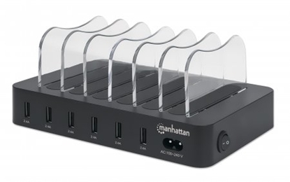Picture of Manhattan Charging Station, 6x USB-A Ports, Outputs: 6x 2.4A, Smart IC, LED Indicator Lights, Black, Three Year Warranty, Box