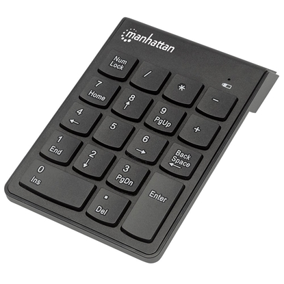 Picture of Manhattan Numeric Keypad, Wireless (2.4GHz), USB-A Micro Receiver, 18 Full Size Keys, Black, Membrane Key Switches, Auto Power Management, Range 10m, AAA Battery (included), Windows and Mac, Three Year Warranty, Blister