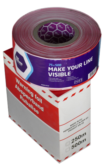 Изображение Norobežojošā brīdinājuma lente ar kasti, 75mm x 500m, sarkana/balta