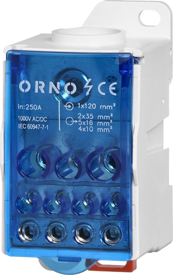 Picture of Orno Blok rozdzielczy 250A, zacisk wejciowy 1x120mm?, zaciski wyjciowe 4x10 i 5x16 i 2x25mm?