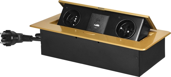 Picture of Orno Gniazda meblowe wpuszczane w blat z paskim frezowanym rantem, adowark USB i przewodem 1,5m, 2x2P+Z, 2xUSB (typ A+C; 3,6A), zote