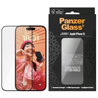 Attēls no PanzerGlass | Screen protector | Apple | iPhone 15 | Ceramic, Tempered glass, Polyethylene terephthalate (PET) | Black/Transparent | Ultra-Wide Fit w. EasyAligner
