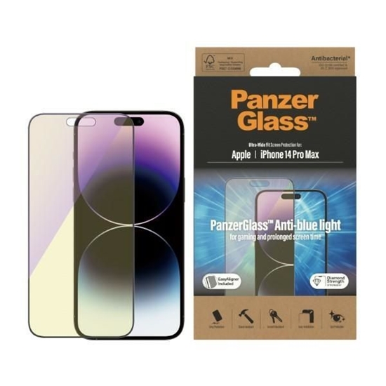 Изображение PanzerGlass | Screen protector | Apple | iPhone 14 Pro Max | Glass | Black | Ultra-Wide Fit; Scratch resistant; Shock resistant; Easy installation; Anti-blue light; Eye protection; Diamond strength; Antibacterial; Fingerprint resistant | Anti-blue Light