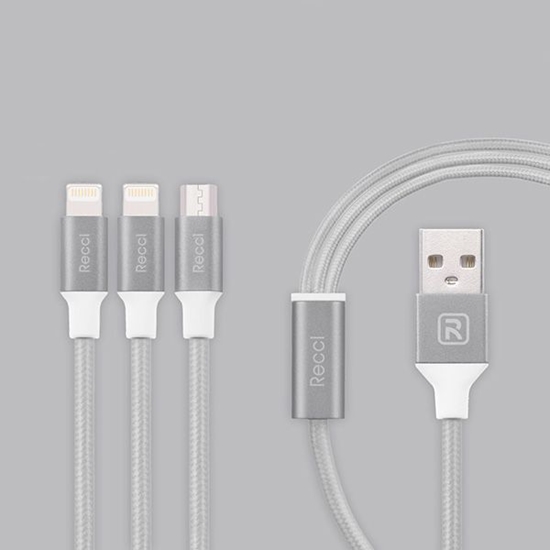 Picture of Recci Universal Delicate RCS-H120 3 in 1 Micro USB + 2 x Lightning Fast Charging 1,2 m Grey