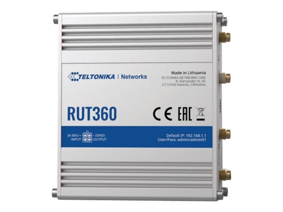 Picture of Teltonika Industrial Cellular Router RUT360 LTE CAT6 1 x LAN ports, 10/100 Mbps, compliance with IEEE 802.3, IEEE 802.3u standards, supports auto MDI/MDIX crossover Mbit/s, Ethernet LAN (RJ-45) ports 2 x RJ45 ports, 10/100 Mbps, Mesh Support No, MU-Mi