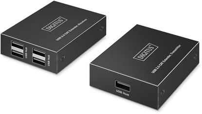 Изображение Przedłużacz (extender) po skrętce kat.6 USB 2.0 do 150m, 4x USB-A do 480 Mbps, 1x RJ45 (Gigabit Ethernet) - zestaw (odbiornik/nadajnik)