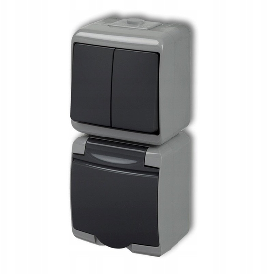 Изображение cznik wiecznikowy z gniazdem hermetycznym Karlik Junior 30WGHP-2 natynkowy z uziemieniem IP54 MIX pionowy klapka grafitowa popielaty/grafitowy