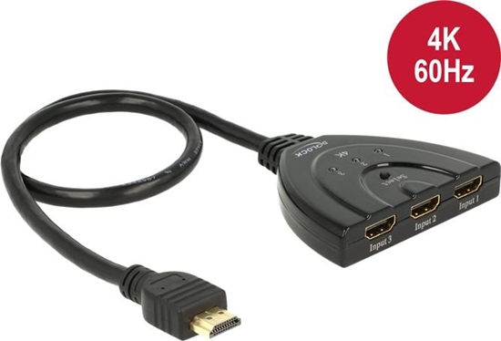 Picture of Delock HDMI UHD Switch 3 x HDMI in > 1 x HDMI out 4K 60 Hz with integrated cable 50 cm