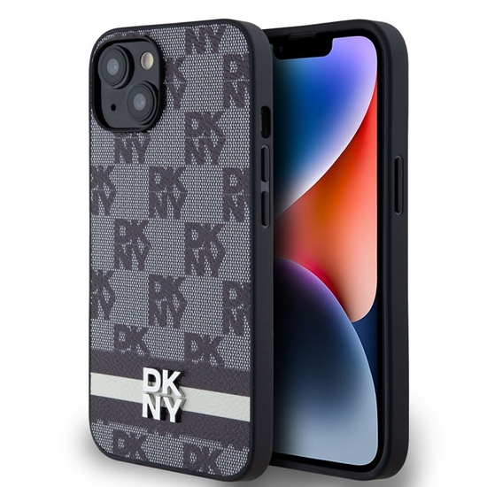 Picture of DKNY - DKNY PU Leather Checkered Pattern and Stripe Case for iPhone 14 Black
