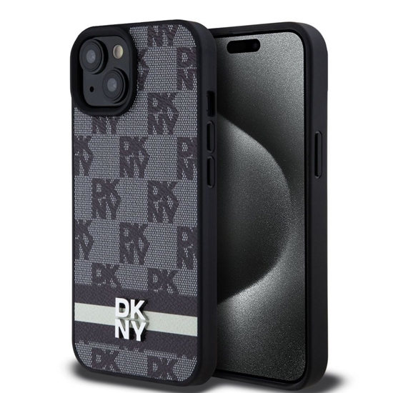 Picture of DKNY - DKNY PU Leather Checkered Pattern and Stripe Case for iPhone 15 Black
