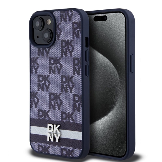 Picture of DKNY - DKNY PU Leather Checkered Pattern and Stripe Case for iPhone 15 Blue