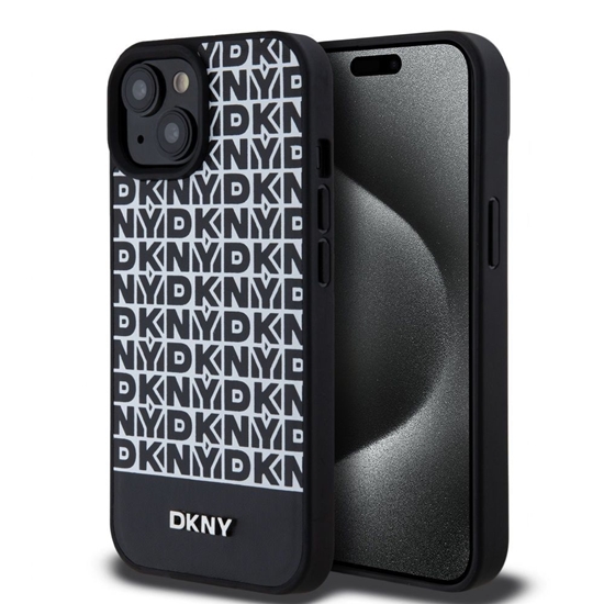 Изображение DKNY - DKNY PU Leather Repeat Pattern Bottom Stripe MagSafe Case for iPhone 15 Black