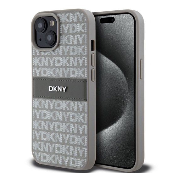 Изображение DKNY - DKNY PU Leather Repeat Pattern Tonal Stripe Case for iPhone 15 Beige