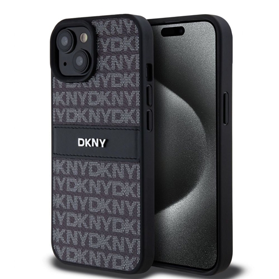 Изображение DKNY - DKNY PU Leather Repeat Pattern Tonal Stripe Case for iPhone 15 Black