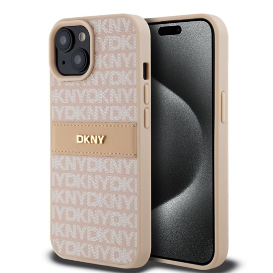 Изображение DKNY - DKNY PU Leather Repeat Pattern Tonal Stripe Case for iPhone 15 Pink