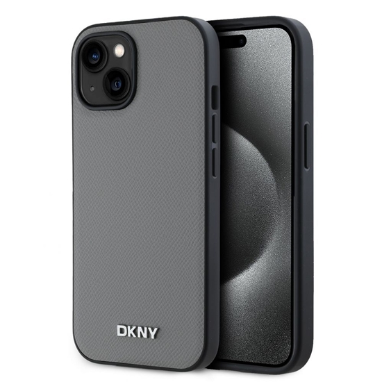 Изображение DKNY - DKNY PU Leather Silver Metal Logo Magsafe Case for iPhone 13 Grey