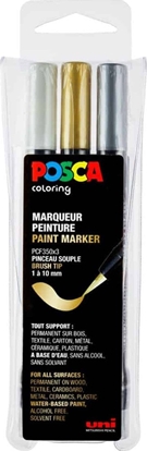 Attēls no Posca zestaw markerów pdzelkowych PCF-350 trzy kolory zoty srebrny i biay