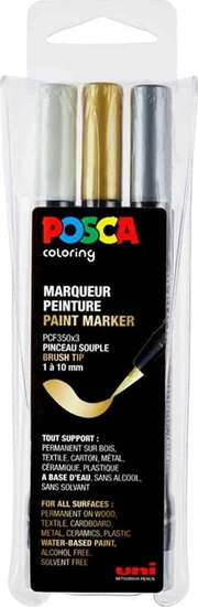 Picture of Posca zestaw markerów pdzelkowych PCF-350 trzy kolory zoty srebrny i biay