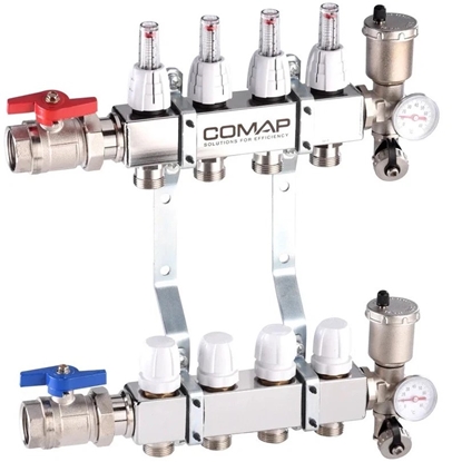 Picture of Rozdzielacz stal nierdzewna z zaworem termostatycznym, przepywomierzem, odpowietrznikiem aut.,zaworem spustowym, termometrem 4obw  (DWZ)