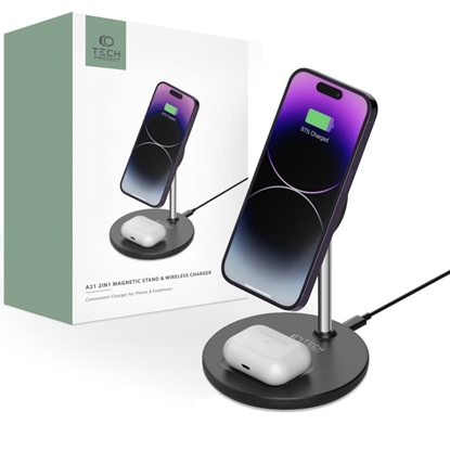 Attēls no Tech-Protect Tech-Protect QI15W-A21 MagSafe 15W inductive charger with 2in1 smartphone/headphone stand - black