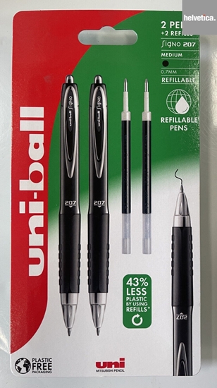 Picture of Uni-ball Signo 207 fine  2stk Sorte rollerpenne+ 2stk refills. Med behageligt gummigreb, stregbredde 0,5mm