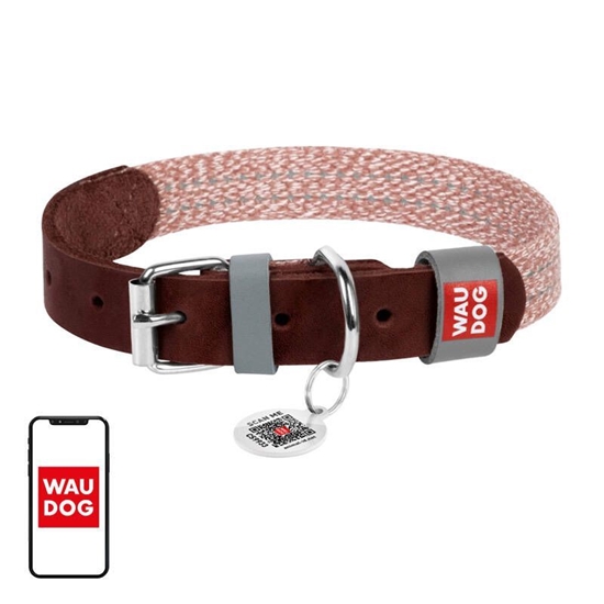 Picture of Waudog Dog collar made of natural leather and recycled material with QR code Waudog size L, width 25 mm, brown