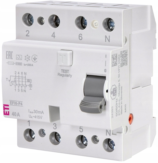 Изображение Wycznik rónicowoprdowy ETI Polam EFI6-P4 002061662 3faz. 40A 30MA typA 415V 50/60HZ IP20 TH35
