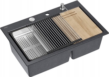 Picture of Zlewozmywak GraniteQ MARC 120 WORKSTATION GraniteQ zlewozmywak 2-komorowy 760*500*235 mm black diamond + syfon push to open + dozownik stal szcz.+ wkadka ociekowa+ Qmata