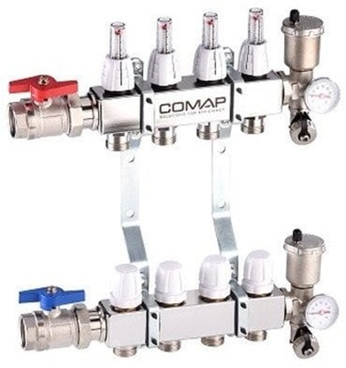 Picture of Rozdzielacz stal nierdzewna z zaworem termostatycznym, przepywomierzem, odpowietrznikiem aut.,zaworem spustowym, termometrem 10obw  (DWZ)