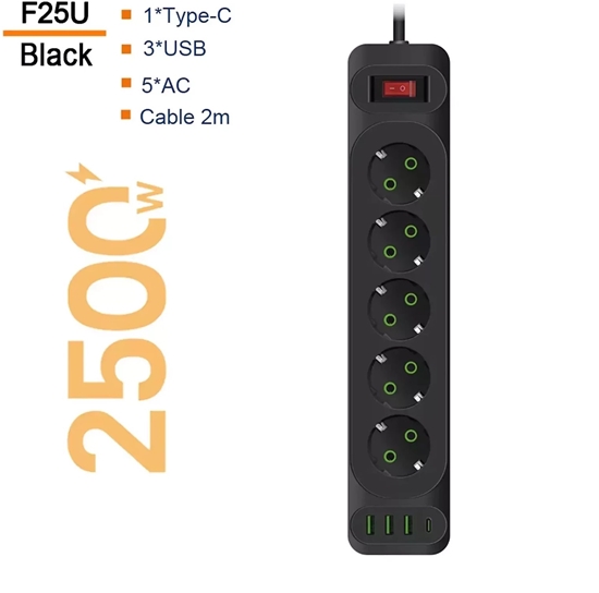 Picture of Transcend F25U 2m extension cord with 3 Sockets + 3 USB + 1 USB-C