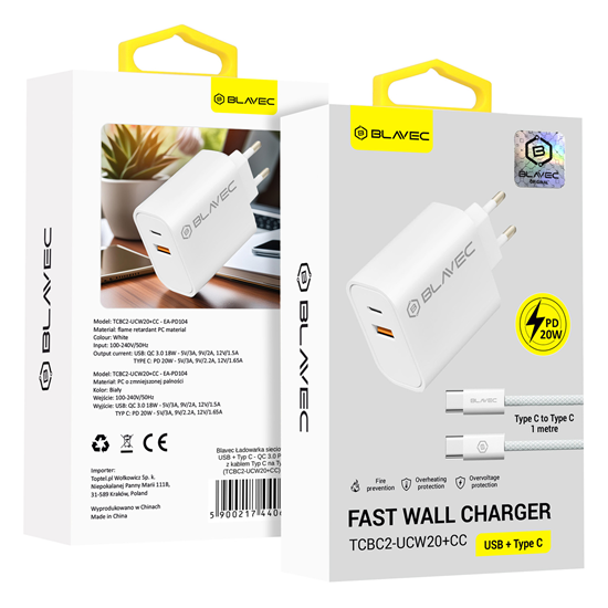 Изображение Blavec Wall charger BC2 - USB + Type C - QC 3.0 PD
