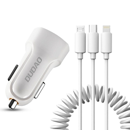 Attēls no Dudao Dudao car kit charger 2x USB 2.4A + cable USB 3in1 Lightning / Type C / micro USB cable white (R7 white)