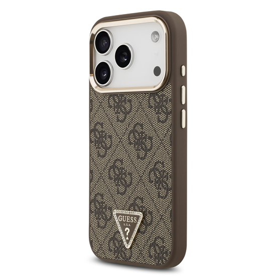 Picture of Guess PU Leather 4G Strass Triangle Logo Gold Frame MagSafe Case for iPhone 17 Pro / Brown